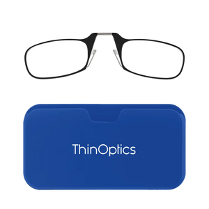 ThinOptics black armless reading glasses with royal blue Universal Pod case