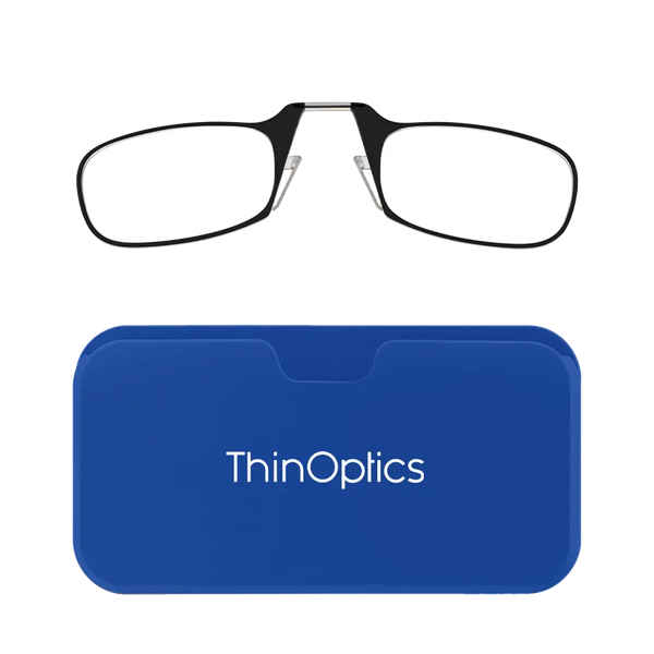 ThinOptics black armless reading glasses with royal blue Universal Pod case