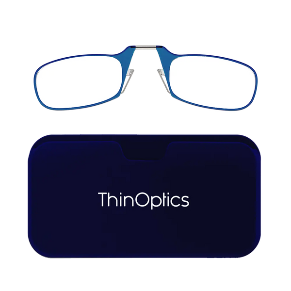 ThinOptics blue armless reading glasses with navy blue Universal Pod case