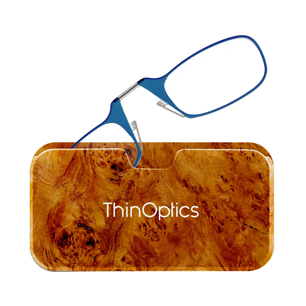 ThinOptics blue armless reading glasses with burlwood Universal Pod case