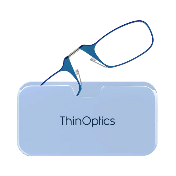 ThinOptics blue armless reading glasses with soft blue Universal Pod case