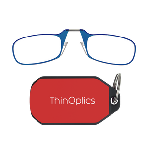 ThinOptics blue armless reading glasses above a red keychain case