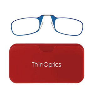 ThinOptics blue armless reading glasses with red Universal Pod case