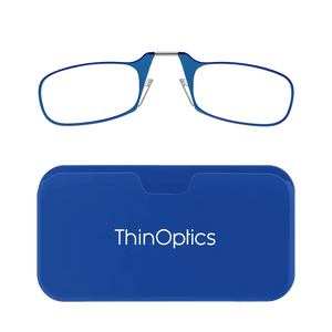 ThinOptics blue armless reading glasses with royal blue Universal Pod case