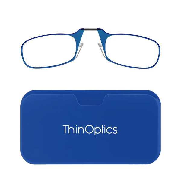 ThinOptics blue armless reading glasses with royal blue Universal Pod case