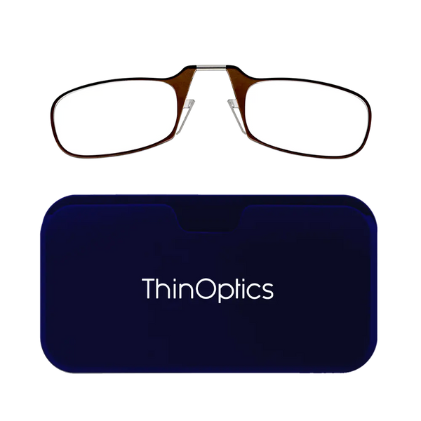 ThinOptics brown armless reading glasses with navy blue Universal Pod case