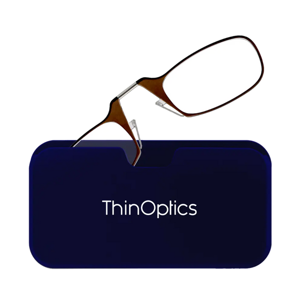 ThinOptics brown armless reading glasses with navy blue Universal Pod case