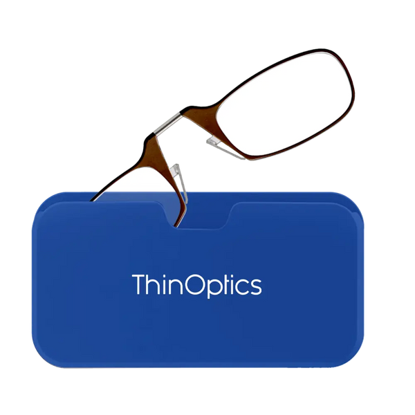 ThinOptics brown armless reading glasses peeking out of royal blue Universal Pod case