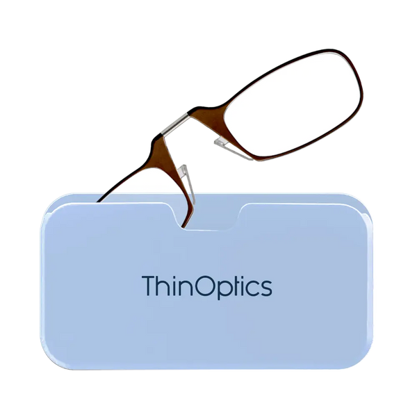 ThinOptics brown armless reading glasses with soft blue Universal Pod case