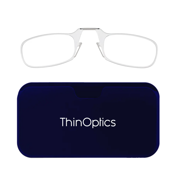 ThinOptics clear armless reading glasses with navy blue Universal Pod case