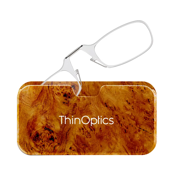 ThinOptics clear armless reading glasses with burlwood Universal Pod case