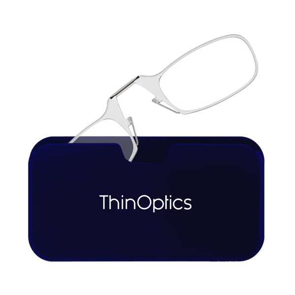 ThinOptics clear armless reading glasses with navy blue Universal Pod case