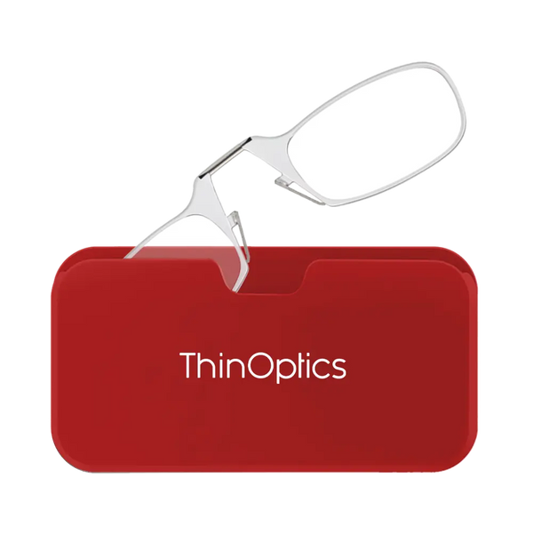 ThinOptics clear armless reading glasses with red Universal Pod case