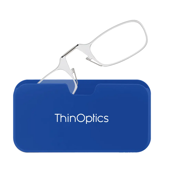 ThinOptics clear armless reading glasses peeking out of royal blue Universal Pod case