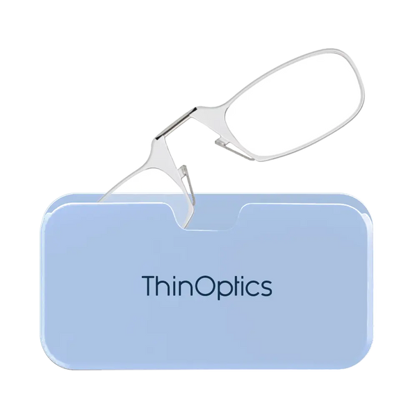 ThinOptics clear armless reading glasses with soft blue Universal Pod case