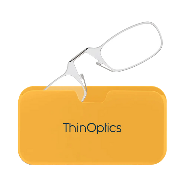 ThinOptics clear armless reading glasses with yellow Universal Pod case