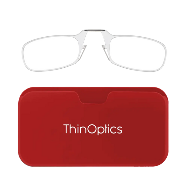 ThinOptics clear armless reading glasses with red Universal Pod case