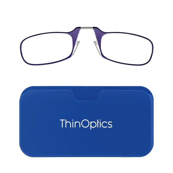 ThinOptics purple armless reading glasses with royal blue Universal Pod case
