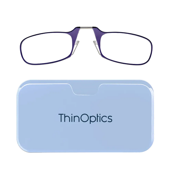 ThinOptics purple armless reading glasses with soft blue Universal Pod case