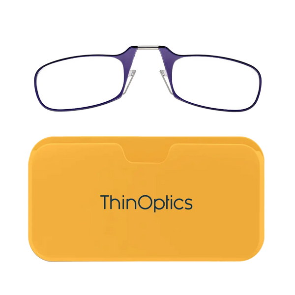 ThinOptics purple armless reading glasses with yellow Universal Pod case