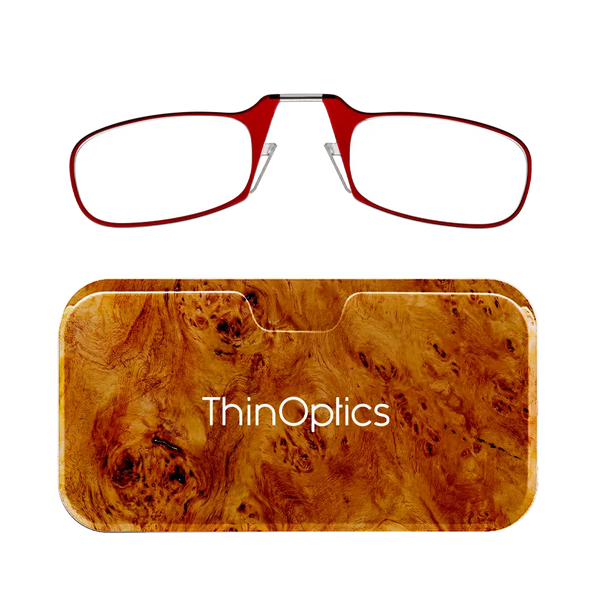 ThinOptics red armless reading glasses with burlwood Universal Pod case