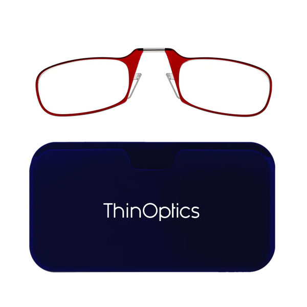 ThinOptics red armless reading glasses with navy blue Universal Pod case