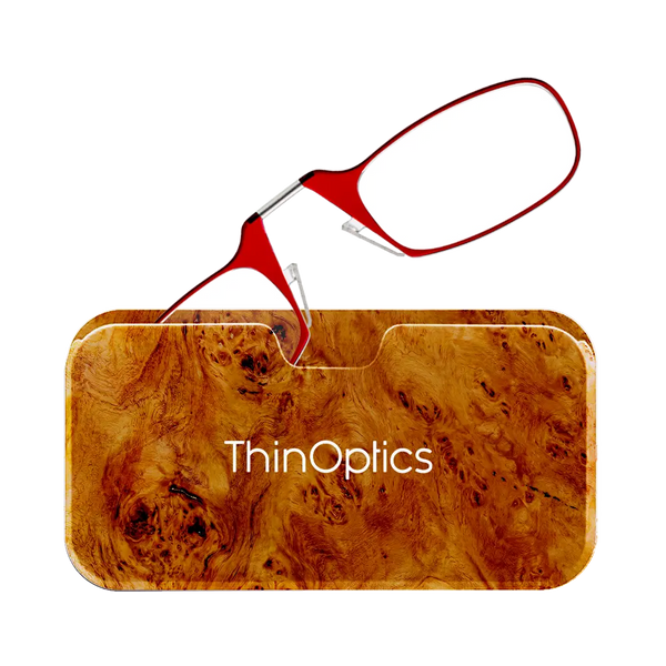 ThinOptics red armless reading glasses with burlwood Universal Pod case