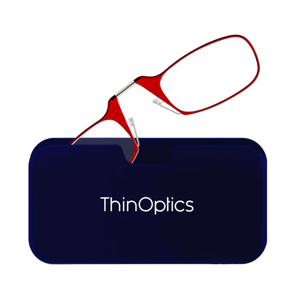 ThinOptics red armless reading glasses with navy blue Universal Pod case
