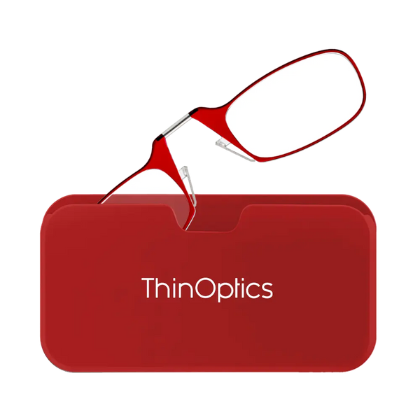 ThinOptics red armless reading glasses with red Universal Pod case