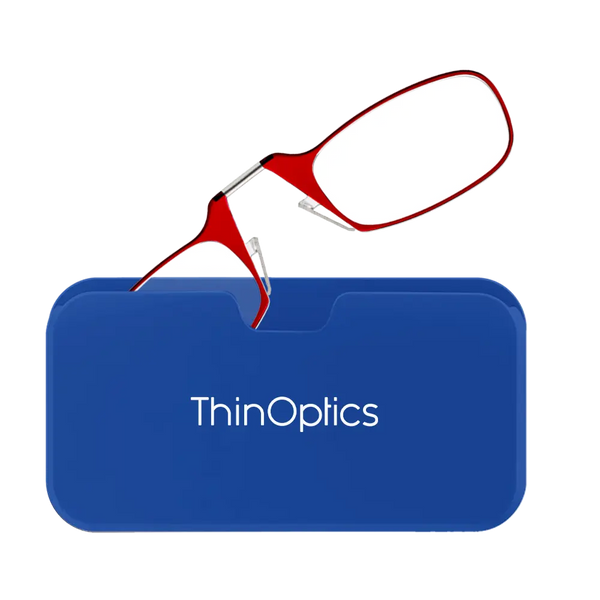 ThinOptics red armless reading glasses peeking out of royal blue Universal Pod case