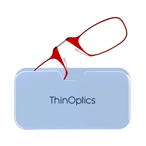 ThinOptics red armless reading glasses with soft blue Universal Pod case
