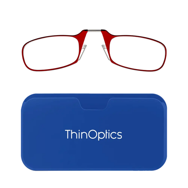 ThinOptics red armless reading glasses with royal blue Universal Pod case