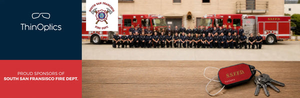 ThinOptics proud sponsor of South San Francisco Fire Dept. banner with SSFFD group photo and branded red keychain case with keys