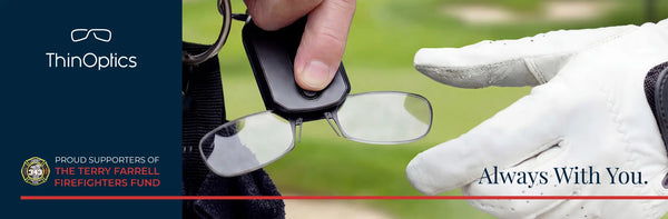ThinOptics supporter of the Terry Farrell Firefighters Fund banner showing armless readers being pulled from a black keychain case by a golfer