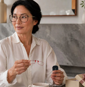 Woman wearing tortoiseshell glasses holding red ThinOptics armless readers and a case, seated at a table with orange tulips in a bright home interior
