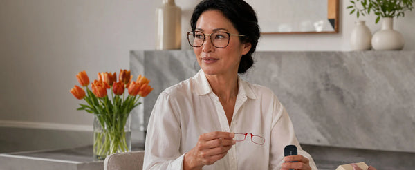 Woman wearing tortoiseshell glasses holding red ThinOptics armless readers and a case, seated at a table with orange tulips in a bright home interior