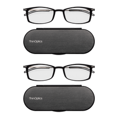 Two pairs of ThinOptics reading glasses with sleek black frames rest above matching compact cases. 

