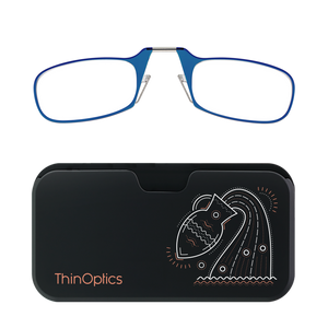 Blue ThinOptics reading glasses rest on a black carrying case decorated with a minimalist design of an overflowing vase. 
