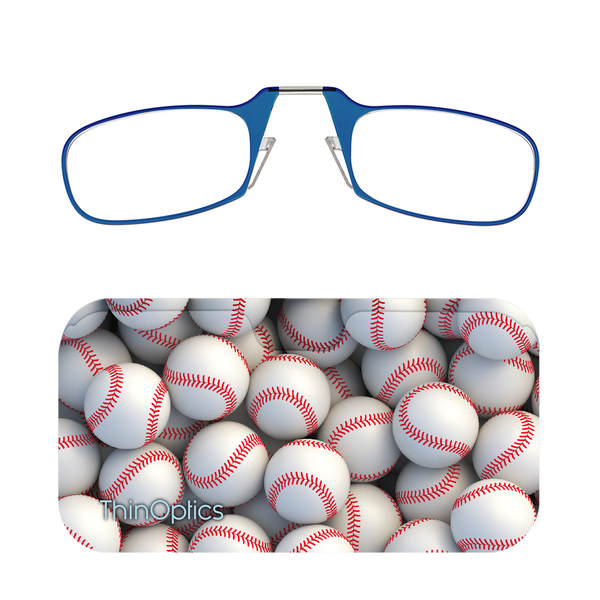 Blue ThinOptics Readers + Bucket of Balls Universal Pod Case with Readers above case