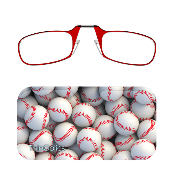 Red ThinOptics Readers + Bucket of Balls Universal Pod Case with Readers above case