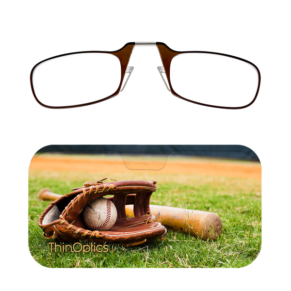 Brown ThinOptics Readers + Change Up Universal Pod Case with Readers above case