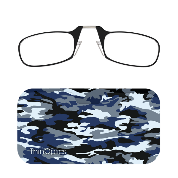 Black ThinOptics Readers + Camo Chic Universal Pod Case with Readers above case