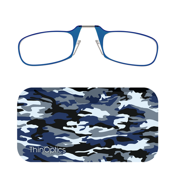 Blue ThinOptics Readers + Camo Chic Universal Pod Case with Readers above case
