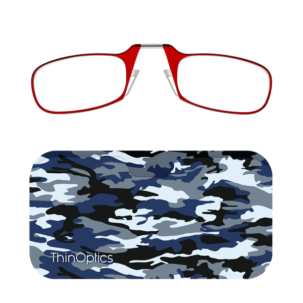 Red ThinOptics Readers + Camo Chic Universal Pod Case with Readers above case
