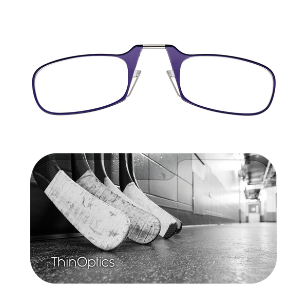 Purple ThinOptics Readers + Hat Trick Universal Pod Case with Readers above case