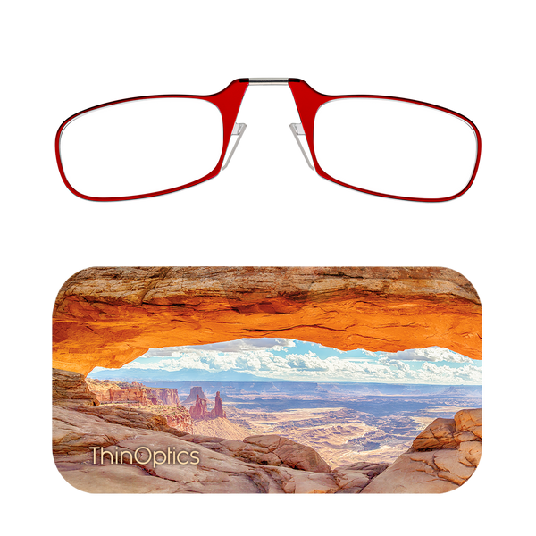 Red ThinOptics Readers + Canyon Lands Universal Pod Case with Readers above case