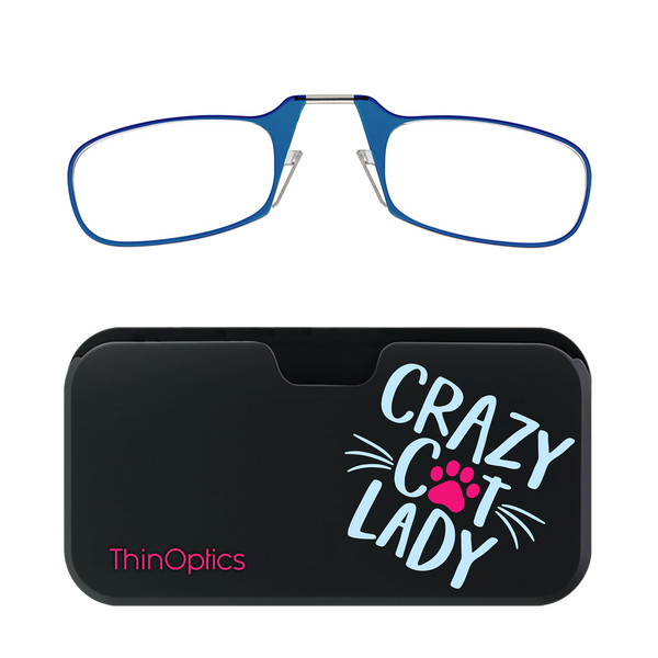 Blue ThinOptics Readers + Crazy Cat Lady Universal Pod Case with Readers above case