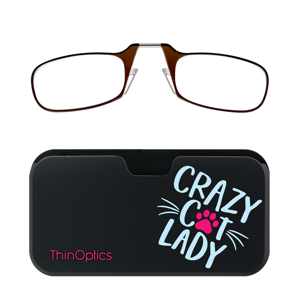 Brown ThinOptics Readers + Crazy Cat Lady Universal Pod Case with Readers above case