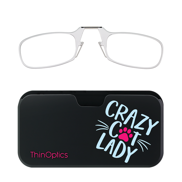 Clear ThinOptics Readers + Crazy Cat Lady Universal Pod Case with Readers above case