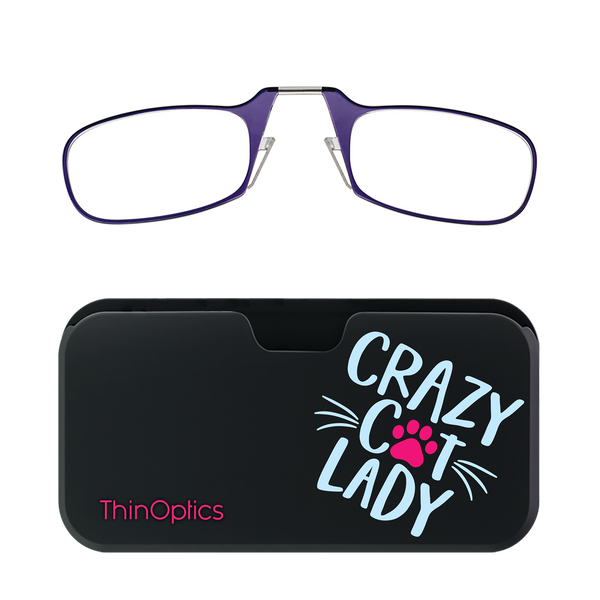 Purple ThinOptics Readers + Crazy Cat Lady Universal Pod Case with Readers above case